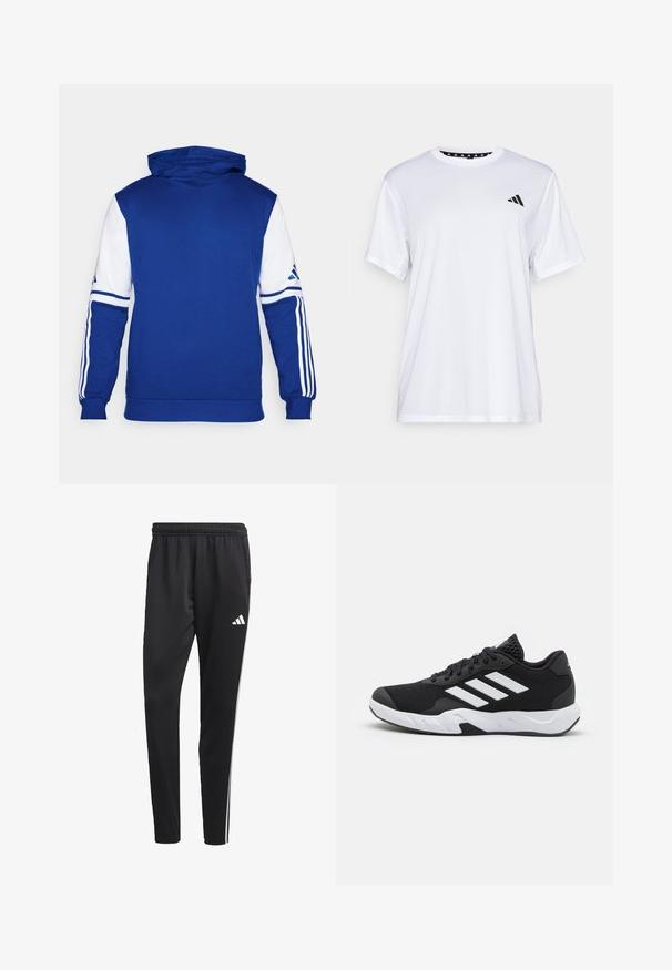 Mėlynas džemperis su baltais rankovėmis, kuriuose yra trys baltos juostelės. Pagamintas iš švelnios medžiagos, turi priekinį kišenę ir gaubtą su virvute.; Balta sportinė marškinėliai trumpomis rankovėmis, pagaminti iš drėgmę šalinančios medžiagos. Kairėje krūtinės pusėje yra juodas logotipas, o apykaklės viduje yra raštuotas dizainas.; Juodos sportinės kelnes su tampriu juosmeniu, baltomis šoninėmis juostelėmis ir mažu baltu logotipu ant šlaunies. Pagamintos iš sklandžios, lengvos medžiagos.; Juodi sportiniai batai su tekstūruotu tinkliniu paviršiumi, baltais akcentų dryžiais, paminkštintu padu ir sustiprintu kulnu paramai.