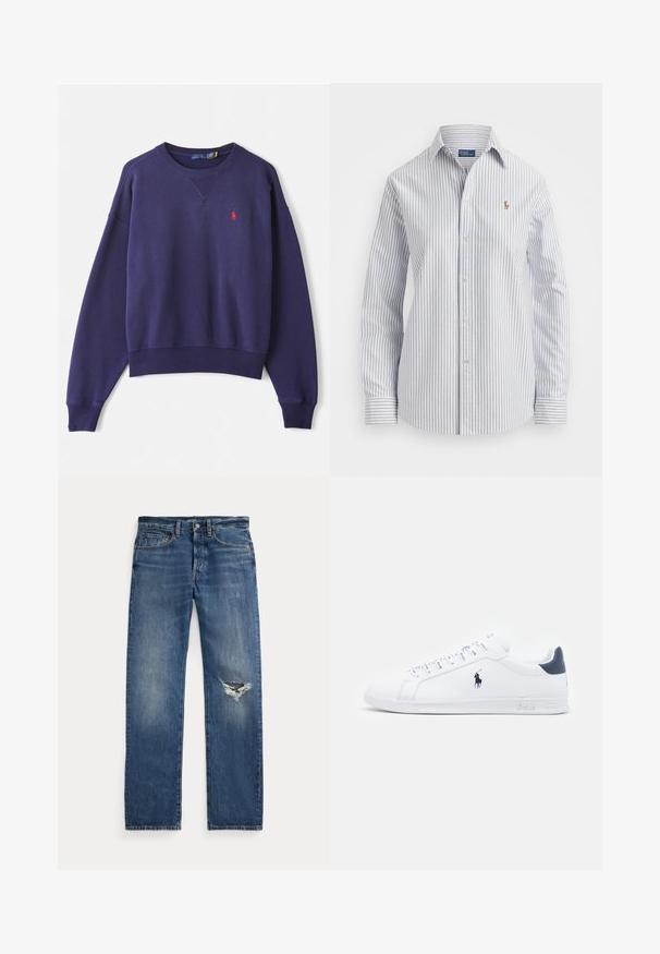 Tengerészkék pulóver pamut keverékből, bordás mandzsettákkal és alsó résszel, v-nyakú fazonnal és kis piros logóval a mellkason.; Csíkos, világoskék és fehér gombos ing, puha anyagból, klasszikus gallérral és hímzett logóval a mellrészen.; Kék farmernadrág közepes derékkal, öt zsebbel és egy kitépett részel a jobb térdnél.; Fehér bőr sportcipők sima felülettel, tengerészkék részletekkel és egy kis logóval az oldalukon. Lapos fűzőkkel és texturált gumi talppal rendelkezik.