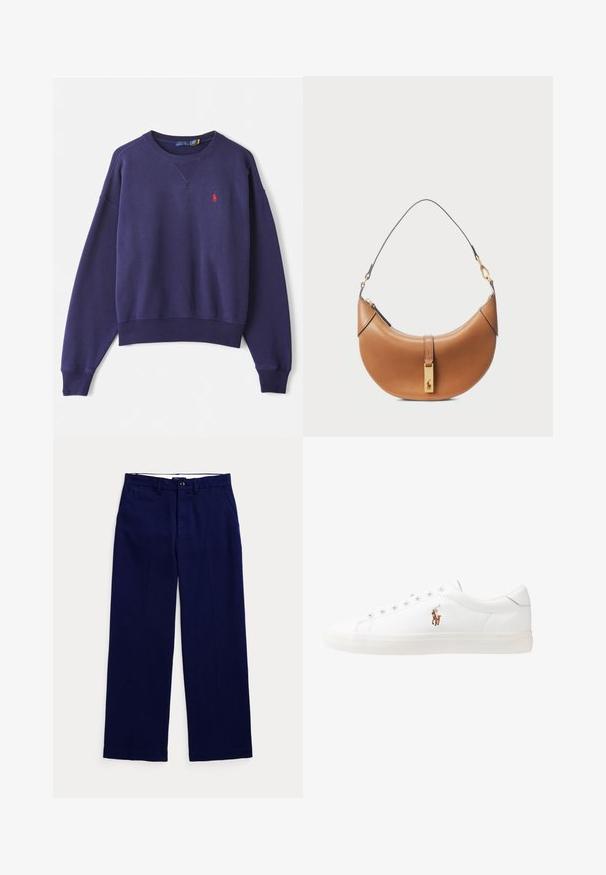 Námořnický modrý svetr z bavlněné směsi, má žebrované manžety a lem, design ve tvaru V a malou červenou značku na prsou.; Námořnické modré kalhoty rovného střihu s poutky na opasek, zapínáním na knoflík a bočními kapsami na čistém světlém pozadí.; Bílé kožené tenisky, nízký střih, s hladkým povrchem, kulatou špičkou, šněrováním v přední části a malým vyšitým logem na boku.; Hnědá kožená kabelka s zakřiveným tvarem, zlatými detaily a tenkým ramenním popruhem. Obsahuje zipové uzavření a logo na přední straně.