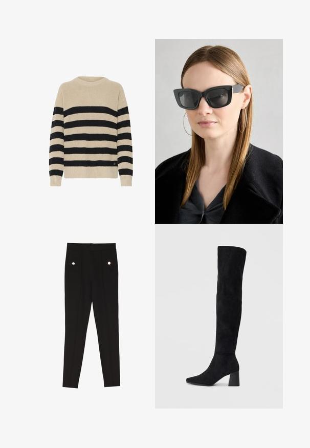 Striped sweater in beige and black, featuring a round neck, long sleeves, ribbed cuffs, and a textured knit pattern. Includes logo detail.; Black tailored pants with a smooth texture, featuring two front pockets with decorative hardware accents, and a slim-fit design.; Black suede knee-high boot with block heel, pointed toe, and smooth, seamless design on a plain light background.; Black cat-eye sunglasses with dark lenses, thick frames, and subtle accents. Worn with a black coat and gray top, featuring long straight hair.