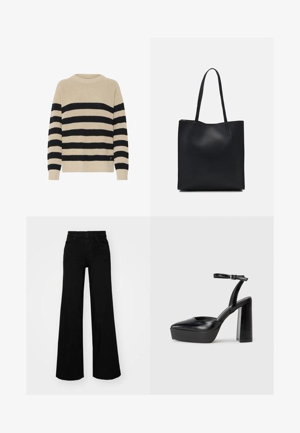 Striped sweater in beige and black, featuring a round neck, long sleeves, ribbed cuffs, and a textured knit pattern. Includes logo detail.; Black wide-leg pants made of denim, featuring a structured waistband, belt loops, and front pockets. Smooth texture with a classic design.; Black platform heels with a pointed toe and adjustable ankle strap. Constructed from smooth leather, featuring a chunky block heel.; Black leather tote bag with smooth texture, rectangular shape, and two long handles. No visible hardware or embellishments.