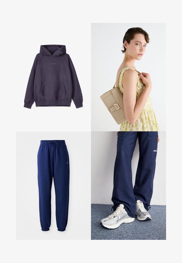 Pegador CLARITA - Hoodie - washed indigo blue gum; Mørkeblå joggebukser laget av mykt stoff, med elastisk linning med snøring, elastiske mansjetter og en liten hvit logo.; Nike treningssko med sølvfarget mesh-overdel, hvite detaljer og teksturerte såler, kombinert med løse mørkeblå bukser.; Beige lærveske med en strukturert design, gullspenne aksent og justerbar stropp, vist mot en lys bakgrunn.