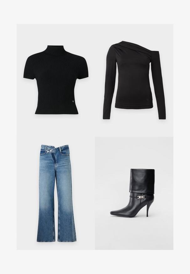 Melnas īsām piedurknēm ribota blūze ar augstu kakla izgriezumu, ar pieguļošu siluetu un diskrētu logotipa akcentu jostasvietā.; Melnas garām piedurknēm blūze ar asimetrisku kakla izgriezumu, kur viens plecs ir atklāts un maigā drapējuma akcenti krūšu daļā.; Gai zils džinsu auduma bikses ar platām kājām un augstu vidukli, kurām ir divi pogas un priekšējās kabatas. Audumam ir izbalējusi tekstūra ar smalkām variācijām.; Melnas ādas potīšu zābaki ar smailu purngalu, augstu stiletto papēdi, salocītu aproci un zeltītu dekoratīvu sprādzi uz potītes.