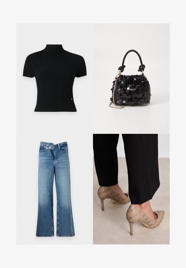 Fekete, rövid ujjas bordázott felső, magas nyakkal, testhez simuló siluettel és finom logós díszítéssel a deréknál.; Világoskék, harang szabású farmernadrág magas derékkal, két gombbal és elülső zsebekkel. Az anyag megjelenése kopott, apró eltérésekkel.; Beige magassarkú cipők texturált anyagból, ismétlődő mintával. Hegyes orrú kialakítás, hátsó díszítéssel és arany sarkú részlettel.; Fekete flitteres mini kézitáska csomózott textúrájú pánttal és ezüst lánccal. Lekerekített forma, ráncolt tetejével és fényvisszaverő részletekkel.