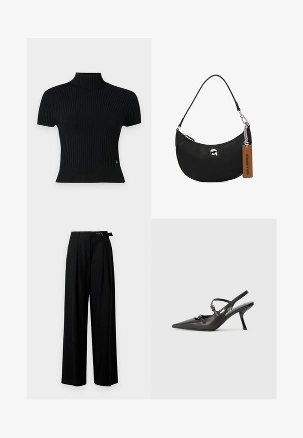 Svart kortermet ribbestrikket topp med høy hals, med en tettsittende silhuett og en subtil logoaccent ved midjen.; Svarte vide bukser med høy livlinje, folder foran og belte med spenne. Laget av glatt, lett materiale.; Sorte skinn slingback-hæler med spiss tå, slank hæl og dekorativ spenne detalj på vampsiden. Glatt tekstur og stilrent design.; Svart skinnveske med pebble-tekstur, buet form, glidelås på toppen, sølvfarget hardware og en brun etikett. Inkluderer logo-akkenter.