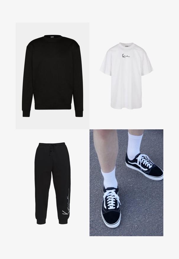 Svart hettegenser med rund hals, lange ermer og ribbestrikkede mansjetter. Laget av mykt stoff, med et enkelt, rent design uten mønstre.; Hvit bomulls T-skjorte med rund hals og korte ermer, med en svart brodert logo plassert midt på brystet.; Sorte joggebukser laget av bomull, med elastisk liv med snøring, innsnevrede ben og et hvitt logo-design på venstre side.; Sorte semskede sneakers med hvite detaljer og snøring, sammen med hvite ribbestrikkede ankelsokker, plassert på en teksturert grå overflate.