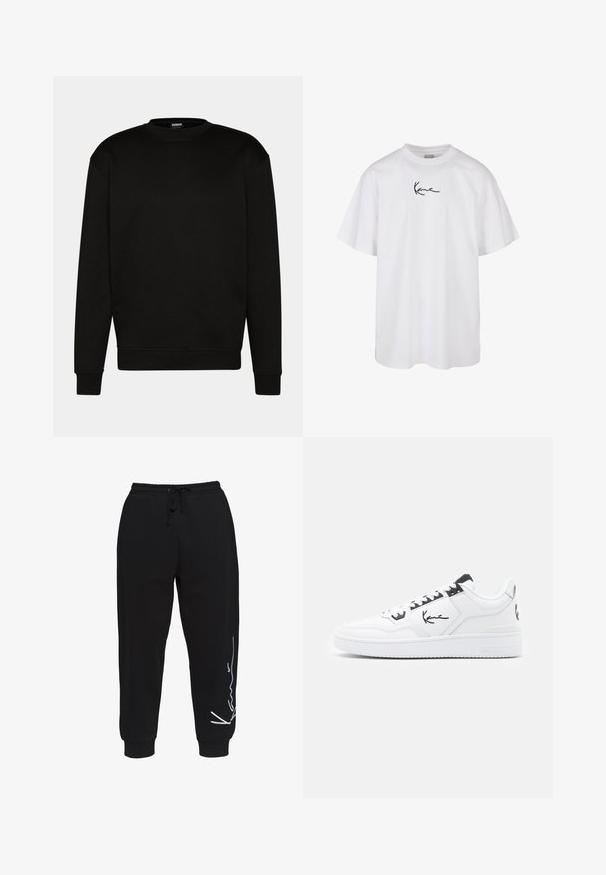 Črna majica s kapuco, okroglim izrezom, dolgimi rokavi in rebrastimi manšetami. Narejena iz mehkega materiala, z enostavnim, čistim dizajnom brez vzorcev.; Bela bombažna majica z okroglo izreznico in kratkimi rokavi, s črnim vezenim logotipom, ki je osredotočen na prsih.; Črne trenirke iz bombaža, z elastičnim pasom in vrvico, zožajoče se hlačnice ter belim logotipom na levi strani.; Bele bele tene z usnjene z črnimi poudarki, z značilno logotipom na strani, okroglo konico in strukturirano gumijasto podplat.