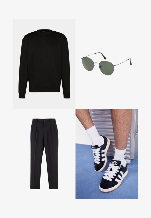 Sudadera negra con cuello redondo, mangas largas y puños acanalados. Fabricada con tela suave, presenta un diseño sencillo y limpio, sin patrones.; Pantalones negros con un diseño de frente plisado, hechos de una tela suave. Cuentan con un cierre de botón y pasadores para cinturón; corte recto.; Zapatillas de ante negras con cordones blancos y tres rayas blancas. Presentan un logotipo circular negro en la lengüeta y una suela de goma color caramel.; Gafas de sol con marco de metal y lentes ovalados verdes. Marco delgado de metal plateado y puntas de las orejas negras. Diseño minimalista, sin logotipos visibles.