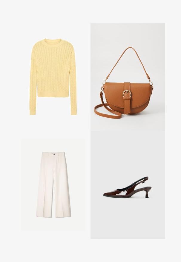 Svetlo rumena pletena jopica z okroglim izrezom, ki se ponaša z teksturiranim kabelskim vzorcem in dolgimi rokavi, zaključena z rebrastim robom.; Kremne široke hlače s krojem, ki vključujejo dve sprednji žepi in en sprednji gumb za zapiranje, izdelane iz gladkega blaga.; Rjavi lakirani slingback čevelj z ostro konico in zmerno peto. Ima zaponko za varno prileganje. Gladka tekstura.; Rjava usnjena torbica prek telesa s ukrivljeno obliko, zlate opreme in sponko. Ima odstranljiv naramni trak.
