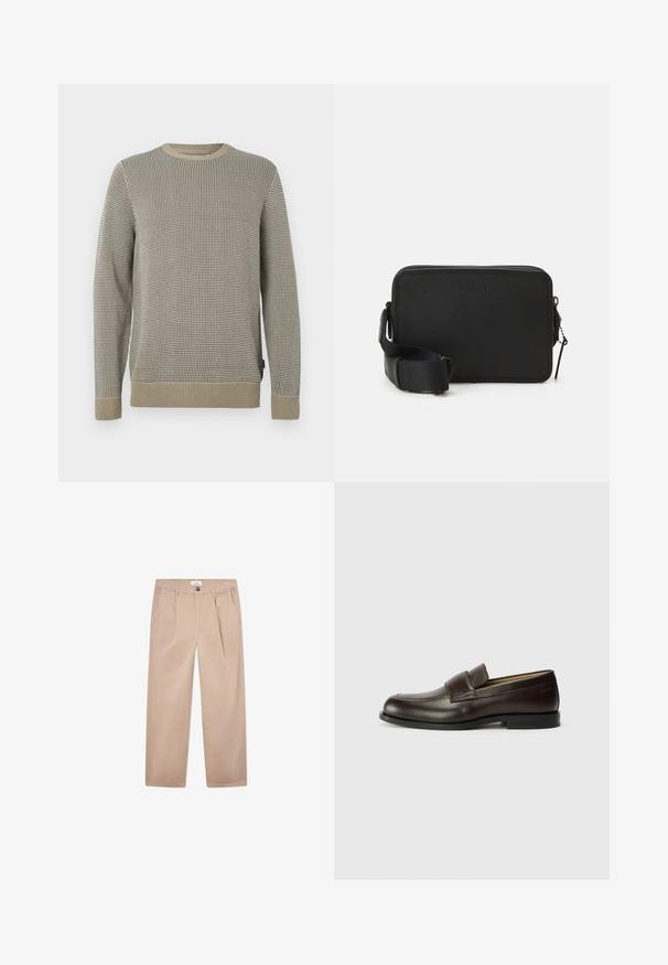 Beige és fekete, hounds-tooth mintázatú pulóver, kerek nyakkivágással, bordás mandzsettákkal és texturált felülettel.; Khat́i vászon nadrág egyenes fazonban, két elülső zsebbel, gombos záródással és klasszikus szabással.; Calvin Klein Belebújós cipők - cocoa brown; Fekete bőr keresztpántos táska, texturált felülettel, téglalap alakú, felső cipzárral záródik, és állítható pánttal rendelkezik. Diszkrét márkajelzéssel bír.