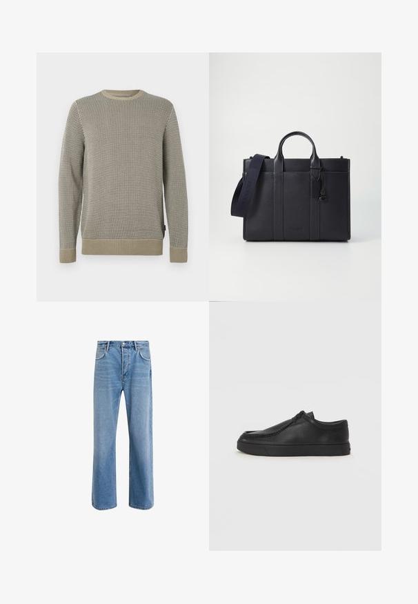 Pullover sweater in beige and black houndstooth pattern, featuring a crew neck, ribbed cuffs, and a textured finish.; Light blue denim jeans with a straight-leg design, five pockets, button closure, minimal fading, and contrasting stitching details.; Black leather slip-on shoe with a rounded toe, stitched detailing, and black rubber sole. Smooth texture with minimalistic design.; Dark navy leather briefcase with dual top handles and a detachable strap. Features textured finish, vertical stitching, and logo detail.