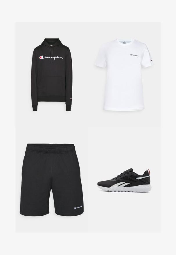 Black hooded sweatshirt made of cotton blend, featuring a central Champion logo in white and red, and a front kangaroo pocket.; White cotton t-shirt with a crew neckline, short sleeves, and a black embroidered "Champion" logo on the chest and sleeve accent.; Black athletic shorts with an elastic waistband, made of soft fabric, featuring a small white logo on the lower left side.; Black athletic shoes featuring a mesh upper, white accents, textured sole, and a red heel tab for added detail.