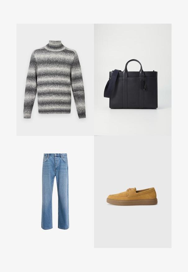 Pulover cu guler înalt, în dungi gri și alb, cu guler ribat, oferind o textură moale și mâneci lungi standard.; Jeans din denim bleu deschis cu un design drept, cinci buzunare, închidere cu buton, decolorare minimă și detalii de cusătură în contrast.; Pantofi slip-on din suede maro, cu un finisaj texturat, vârf rotund și talpă din cauciuc contrastantă. Prezintă o marcaj subtil lângă călcâi.; Servietă din piele de culoare albastru închis, cu două mânere superioare și o curea detasabilă. Prezintă un finisaj texturat, cusături verticale și detalii cu logo.