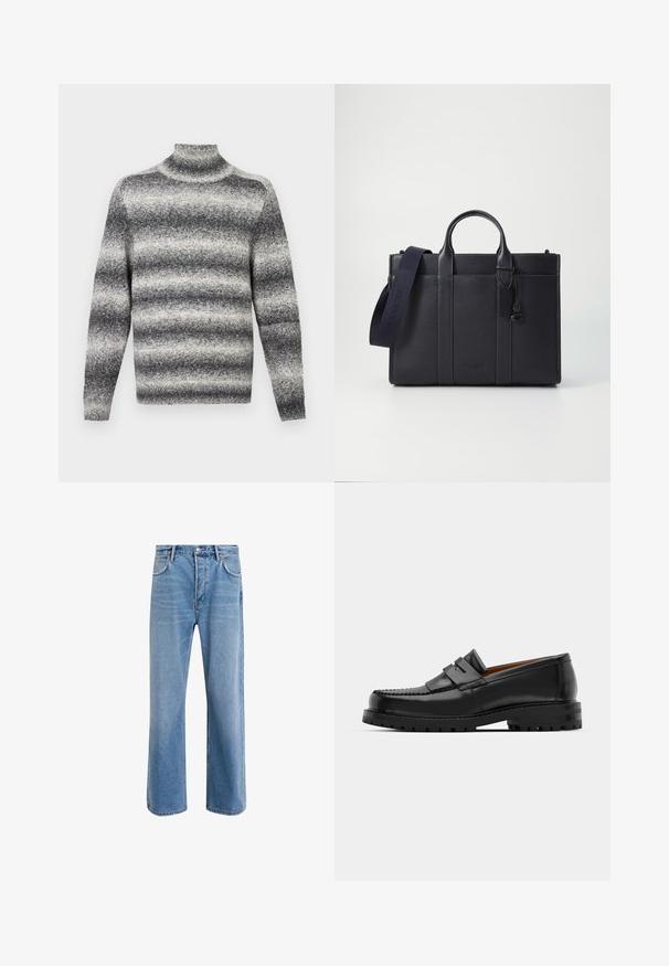 Pulover cu guler înalt, în dungi gri și alb, cu guler ribat, oferind o textură moale și mâneci lungi standard.; Jeans din denim bleu deschis cu un design drept, cinci buzunare, închidere cu buton, decolorare minimă și detalii de cusătură în contrast.; Mocasinii din piele neagră au o cusătură ridicată, două bare decorative pe partea superioară și o talpă groasă texturată pentru o aderență suplimentară.; Servietă din piele de culoare albastru închis, cu două mânere superioare și o curea detasabilă. Prezintă un finisaj texturat, cusături verticale și detalii cu logo.
