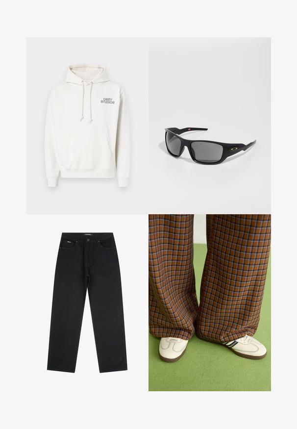 Biely mikinový sveter vyrobený z mäkkej tkaniny s prednou klokanou kapsou, kapucňou na šnúrku a čiernym logom "OBEY STUDIOS" na hrudi.; Čierne rovné džínsy so zapínaním na gombík a zips, pútka na opasok a dizajn s piatimi vreckami, položené na bielom pozadí.; Hnedé a modré kárované nohavice s širokými nohavicami skombinované s bielymi topánkami s čiernymi akcentmi a textúrovanými podrážkami, umiestnené na zelenom pozadí.; Čierne slnečné okuliare s obdĺžnikovým tvarom, vyrobené z odolného plastu, s šedými tónovanými sklami a zlatým akcentom na boku.