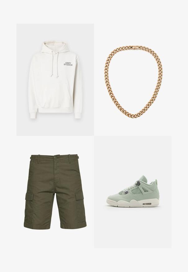 Hvid hættetrøje lavet af blødt stof med en front kangaroo lomme, hætte med snøre og "OBEY STUDIOS" logo i sort på brystet.; Oliven grønne cargo shorts lavet af letvægtsstof, med to sidelommer med klapper, bæltestropper og en knaplukning.; Lys grøn sneaker med overdel i læder, mesh-paneler, hvid sål og markante detaljer. Har snørebånd og luftdæmpning i hælen.; Guld-tonet metal kædedesign med store, sammenlåsende led og en sikker lås. Glat, skinnende overflade med en poleret finish.