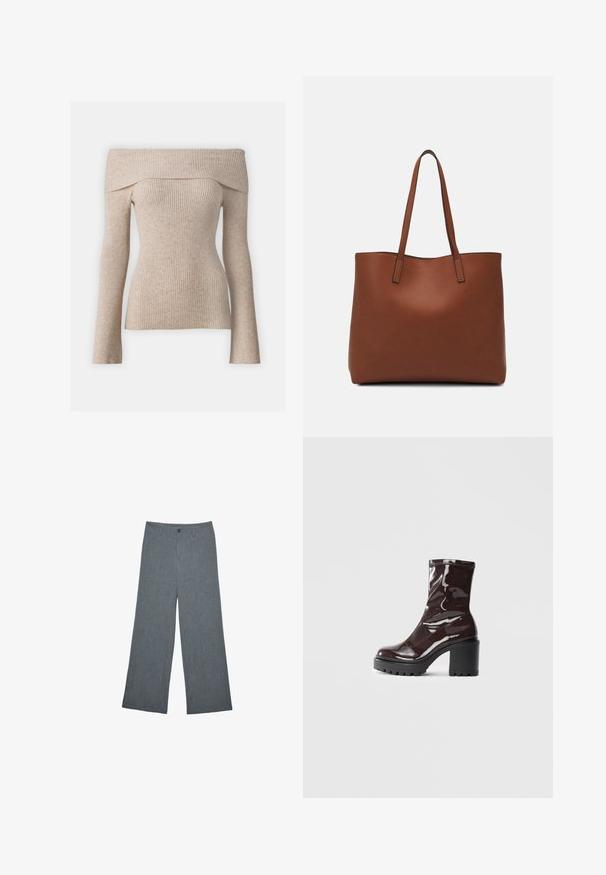 Maglione beige a spalle scoperte a coste con maniche lunghe, caratterizzato da un design aderente e un tessuto texturizzato. Finitura liscia con variazioni di colore naturali.; Stradivarius SMART FIT - Pantaloni - dark grey; Stivale alla caviglia bordeaux lucido con un tacco spesso nero, caratterizzato da una superficie liscia e un design semplice. Nessuna chiusura visibile o motivo.; Borsa tote in pelle marrone con texture liscia, design con apertura superiore e due spallacci. Presenta cuciture minime e nessun hardware visibile.
