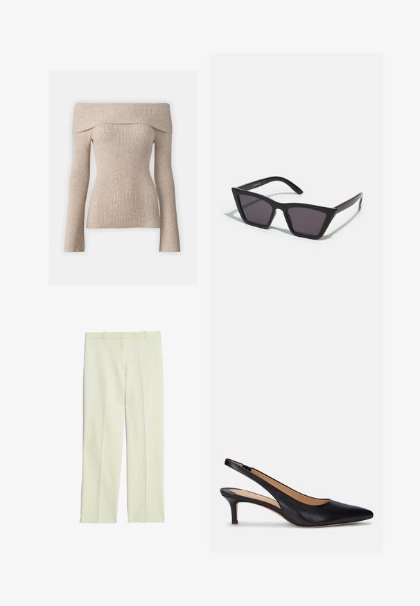 Suéter de canalé beige con un hombro al descubierto y mangas largas, que presenta un diseño ajustado y un tejido texturizado. Acabado suave con variaciones de color natural.; Pantalones ajustados de color crema con un diseño de pierna recta, que presentan un frente plano, presillas para cinturón y una textura suave.; Zapato de tacón slingback de cuero negro con punta afilada, tacón kitten bajo y textura suave. Presenta un diseño de espalda abierta y detalles de costura mínimos.; Gafas de sol negras y angulares con lentes grises; fabricadas en plástico, con varillas gruesas de superficie suave y sin herrajes visibles.