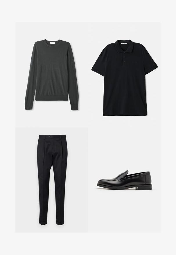 Dark gray long-sleeve knit sweater with a round neckline, fitted cuffs, and a ribbed hem. Smooth texture with no visible patterns or embellishments.; Black polo shirt made of cotton, featuring a classic collar, three-button placket, short sleeves, and a subtle logo detail on the front.; Black trousers made of a smooth fabric, featuring a fold at the front, a button closure, and rolled cuffs at the ankle.; Black leather loafers with a smooth texture, rounded toe, and a decorative strap across the vamp. Low stacked heel, minimalist design.