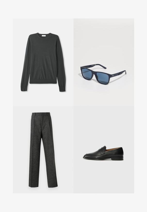Tumši pelēks garām piedurknēm adīts džemperis ar apaļu kakla izgriezumu, pieguļošām piedurknēm un ribotu apakšmalu. Gluda tekstūra bez redzamām rakstu un rotājumu detaļām.; Pelēki piegriezti bikses, izgatavotas no tekstūras auduma, ar diviem priekšējiem krokām un taisnu kāju dizainu. Nav redzamu kabatu vai rotājumu.; Melnas ādas loafers ar noapaļotu purngala formu, smalku izšuvumu un zemu papēdi, piedāvājot gludu tekstūru un minimālistisku dizainu.; Zilie taisnstūra saulesbrilles ar tumšiem stikliem, matēta jūras zila ietvaros, logo detaļa uz tempļa, taisnas rokas un cieta, gluda virsma.