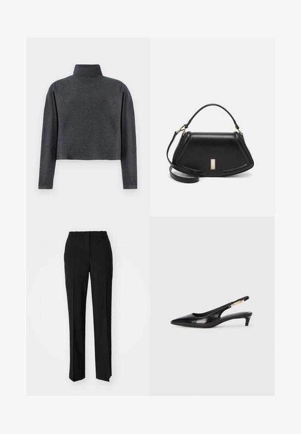 DRYKORN ASIRAL - Felpa - grey; Pantaloni neri su misura con un design a gamba dritta, caratterizzati da una texture liscia e pieghe ben definite sul davanti. Senza hardware visibile.; Tacchi slingback in pelle nera con punta affusolata, caratterizzati da un tacco alto e un accento dorato sulla cinghia regolabile. Texture liscia.; Borsa a mano in pelle nera con un design strutturato, caratterizzata da una forma corta, manico superiore e accessori in metallo dorato. Inclusa tracolla regolabile.