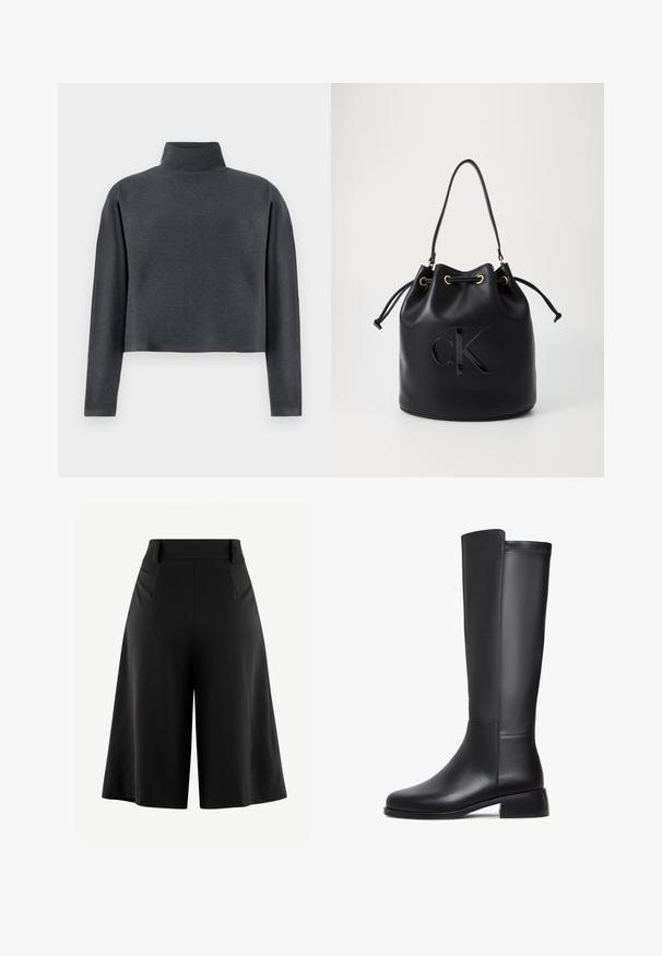 DRYKORN ASIRAL - Mikina - grey; Černé široké kalhoty s plisé vpředu, vysokým pasem a hladkou texturou látky. Vyznačují se čistým, minimalistickým designem bez viditelného kovového prvku.; Černá kožená vysoká bota s hladkým povrchem, zaoblenou špičkou, nízkým blokovým podpatkem a jemným prošíváním po straně.; Černá kožená kabela ve tvaru kyblíku s utažením na šňůru, s lesklým logem "CK" na přední straně a zlatými kovovými detaily.