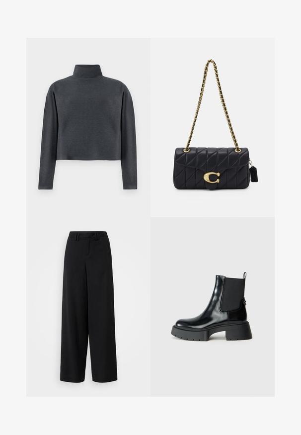 DRYKORN ASIRAL - Mikina - grey; Čierne široké nohavice vyrobené z hladkej tkaniny, s plochým predným dizajnom, plisovanými detailmi a pútkami na opasok v páse.; Čierne členkové topánky vyrobené z lesklej kože s elastickými bočnými panelmi, ťahacím pásikom a robustnou gumovou podrážkou s textúrovaným vzorom.; Čierna prešívaná kabelka so zlatým reťazovým popruhom, ktorá má výrazný zlatý uzáver a malú nášivku, s textúrovaným koženým povrchom.