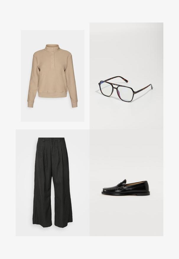 Beige pullover tekstuuriga kootud pinnaga, kõrge krae ja neli nööpi kaeluses. Enda ümber sobivad varrukad ja alumine äär, mis on kontrastses siledas kangas.; Mustudest triibulised laiad püksid plisseedega, millel on kohandatud disain ja pehme tekstuur. Nähtavaid riistade või aktsente pole.; Mustad nahast loafers ümarate varvastega, dekoratiivse õmblusega ja lame tallaga. Sile tekstuur ja minimalistik disain.; Kilpkonnakilbi mustriga prillid, millel on nelinurkne kuju, läbipaistvad läätsed ja peened metallaktsendid raamis.