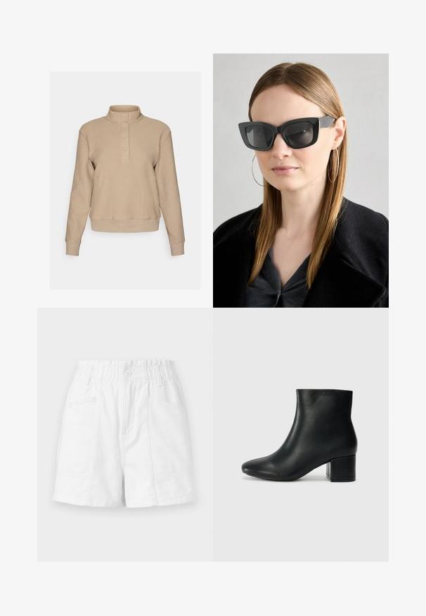 Beige pullover with a textured knit surface, high collar, and four buttons at the neckline. Fitted cuffs and bottom hem contrasted with smooth fabric.; White cotton shorts with an elastic waistband, featuring a front button, two side pockets, and a clean, simple design.; Black leather ankle boots with a pointed toe and a chunky heel. Smooth texture with minimal accents and a sleek, fitted design.; Black cat-eye sunglasses with dark lenses, thick frames, and subtle accents. Worn with a black coat and gray top, featuring long straight hair.