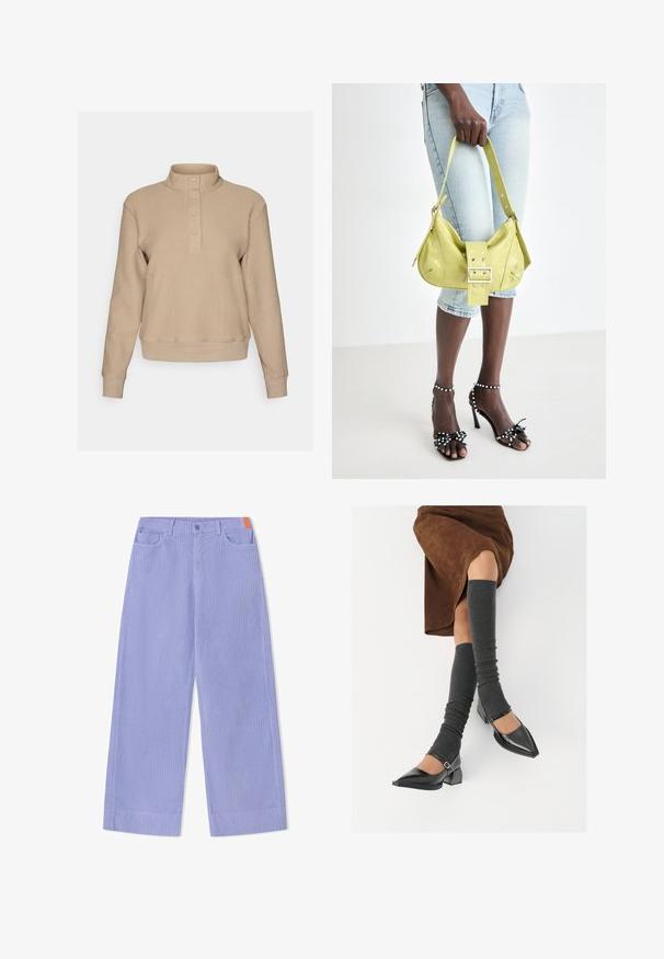 Beige pulóver texturált kötött felülettel, magas gallérral és négy gombbal a nyaknál. Illeszkedő mandzsetták és alsó szegély sima anyaggal kontrasztálva.; Széles szárú nadrág világos lila bordázott anyagból, elöl gombos záródással, két zsebbel és narancssárga díszítéssel a derékpánton.; Fekete lakk bőrből készült, hegyes orrú cipők, tömbsarkúakkal és bokapánttal, szürke bordás lábszármelegítőkkel és barna velúr szoknyával párosítva.; Sárga perforált kézi táska csat részlettel és állítható pánttal, farmer rövidnadrággal és fekete magas sarkú szandállal, amelyeken masnik vannak.