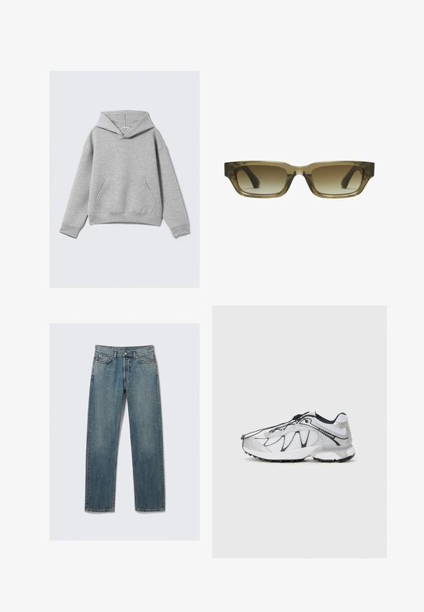 Grijze katoenen hoodie met een zak aan de voorkant, een ontspannen pasvorm en een capuchon met trekkoord, geribde zoom en manchetten. Soepele textuur, minimalistisch ontwerp.; Blauwe rechte denim jeans met voor- en muntzakken, riemlussen en een metalen knoopsluiting op een effen achtergrond.; Witte sportschoenen met een bovenkant van mesh, zwarte accenten, een textuur rubberen zool en een elastisch vetersysteem. Lichtgewicht met een modern ontwerp.; Bruine gradient zonnebril met een rechthoekige vorm, dikke stevige monturen en zwarte tempels. Transparant bruin materiaal voegt diepte toe.