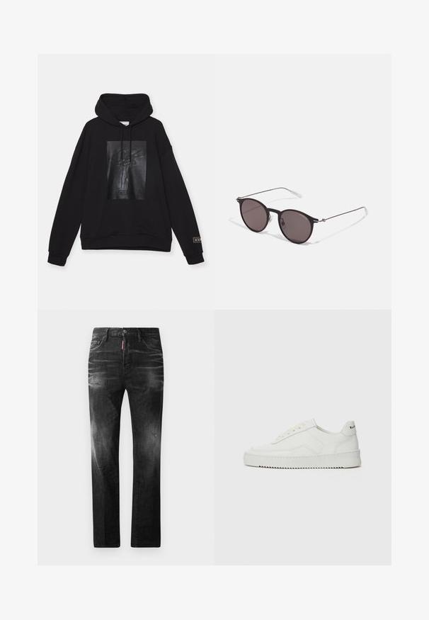 Iceberg FELPA - Sweatshirt - nero; Jean en denim noir avec une coupe droite. Présente des zones décolorées, un léger effet usé, un design classique à cinq poches et une fermeture à bouton.; Baskets en cuir blanc avec une finition lisse, bout arrondi, lacets plats et semelle texturée. Présente un logo discret sur le talon.; Lunettes de soleil noires rondes avec verres sombres et branches en métal fines. Comprend des embouts transparents et des accents argentés au niveau de la charnière. Design minimaliste.