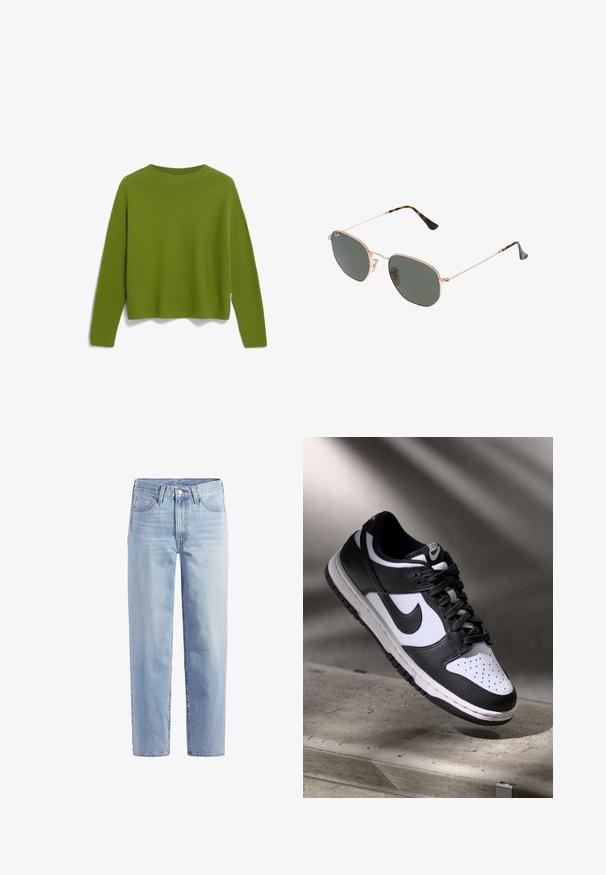 ARMEDANGELS MERINAA - Strickpullover - dark moss; Helle blaue gerade geschnittene Jeans mit vorderem Knopf, Reißverschluss, Gürtelschlaufen und Fünf-Taschen-Design auf weißem Hintergrund.; Schwarz-weißer Nike Dunk Low Sneaker mit Lederobermaterial, perforiertem Zehenbereich und schwarzen Schnürsenkeln, ausgestattet mit einer weißen Sohle und Logo-Akzenten.; Goldfarbene Metallrahmen-Sonnenbrillen mit dunkelgrünen Gläsern im Pilotenstil, mit schlanken Bügeln und Schildpatt-Akzenten an den Spitzen.