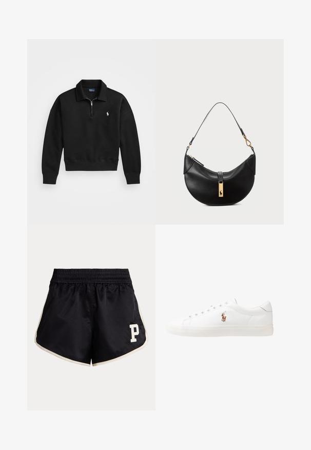 Sweatshirt preto de pulôver feito de tecido macio, com colarinho de meio zíper, punhos canelados e um pequeno logótipo branco no lado esquerdo do peito.; Calções atléticos pretos com cintura franzida, riscas laterais bege e um logótipo da letra "P" em creme na coxa esquerda.; Sapatilhas de couro brancas, design de cano baixo, com textura suave, biqueira redonda, atacadores à frente e um pequeno logótipo bordado na lateral.; Bolsa de couro preto em forma de meia-lua. Apresenta um detalhe em metais dourados e uma alça estreita. Textura suave, fechamento em zíper na parte superior.