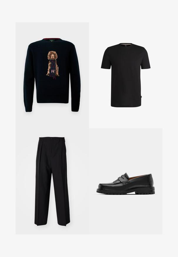 Granatowy sweter dzianinowy z szczegółowym wzorem psa w szaliku. Miękka tekstura, okrągły dekolt oraz ściągacze przy mankietach i u dołu.; Czarny krótki rękaw t-shirt wykonany z gładkiej bawełny z okrągłym dekoltem. Posiada subtelną metkę marki po lewej stronie w pobliżu dolnego brzegu.; Czarne plisowane spodnie o prostym, szerokim kroju nogawek. Wykonane z gładkiego materiału, z zapięciem na guzik i pętelkami na pasek.; Czarne skórzane mokasyny mają wyraźny szew, dwa dekoracyjne paski na górze oraz grubą, teksturowaną podeszwę dla lepszej przyczepności.