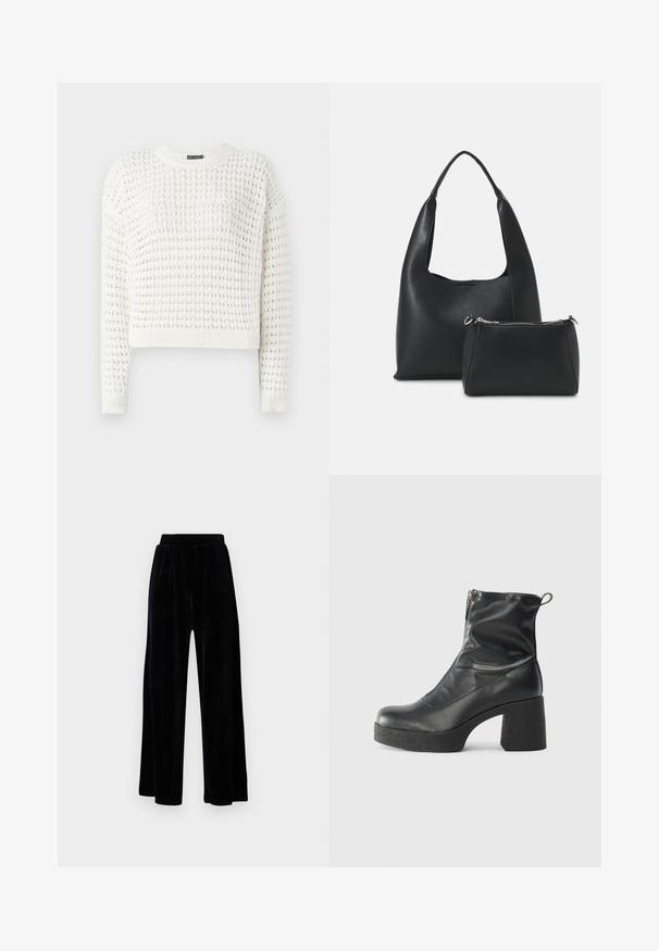 Valge kudumine sweatervarustus, millel on tekstuuriga muster, ümmargune kaelus, pikad käised ja soonikuga mansetid ja ääred. Lühike disain.; Mustad laiad püksid, mis on valmistatud pehmest sametist, elastse vöökoha ja siledaga, ilma nähtavate detailide või mustriteta.; Mustad mustad ansapüksid, mis on valmistatud siledast nahast, külje zipperiga, paksu tekstuuriga kontsaga ja ümmarguse nina disainiga.; Even&Odd Käekott - black