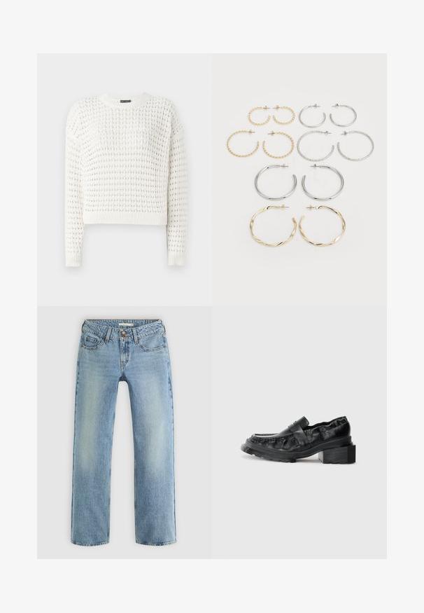 Witte gebreide trui met een textuurpatroon, ronde halslijn, lange mouwen en geribde boorden en zoom. Verkorte ontwerp.; Lichtblauwe rechte jeans van denim, met een knoopsluiting, vijf zakken en subtiele vervaging langs de benen.; Zwarte leren instappers met een gestructureerde zool, voorzien van een iets verhoogde blokhak en een textuur bovenkant, bevestigd met een voorkantriem.; Set van twaalf creolen in zilver- en goudernormen. Bevat gedraaide, gladde en textuurontwerpen in verschillende maten en afwerkingen.