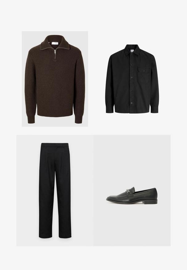 Selected Homme HALF-ZIP - Neule - chocolate torte; Mustapaita, jossa on pitkät hihat, napitus, kaulus ja yksi rintatasku nappisuljennalla.; Mustat housut, jotka on valmistettu sileästä kankaasta, suoran lahkeen muotoilulla, kahdella etupleekillä ja tavanomaisella vyötäröllä, jossa on vyölenkit.; Musta nahkakengät, joissa on sileä pinta, koristeelliset ompeleet ja metalliketjun yksityiskohta kengän päällä. Littee korko.