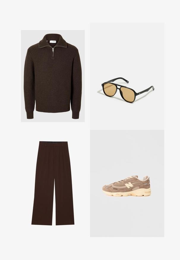 Selected Homme HALF-ZIP - Džemperis - chocolate torte; Balta medvilninė marškinė su trumpomis rankovėmis, apvaliu kaklu ir tiesiu apvadu. Lygus paviršius, minimalistiškas dizainas be raštų ar akcentų.; Rudi plačiai praplečiami kelnių su klostėmis. Pagaminti iš lygaus audinio, su pritaikytu liemeniu ir šoninėmis kišenėmis. Lygus apačios kraštas.; Rudi suede sportbačiai su paminkštintu grietinėlės spalvos padu, su beige akcentais, tekstūruotais elementais ir ryškiu logotipu šone.; Juodi saulės akiniai su rudais lęšiais; stačiakampio formos, su storu rėmu, įskaitant subtilias detales ant šventyklų.