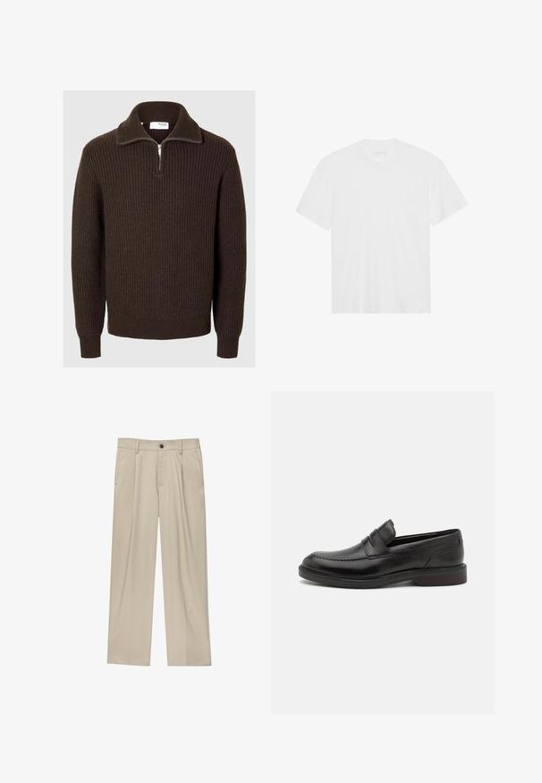 Selected Homme HALF-ZIP - Strickpullover - chocolate torte; Weißes Baumwoll-T-Shirt mit kurzen Ärmeln, Rundhalsausschnitt und geradem Saum. Glatte Textur, minimalistisches Design ohne Muster oder Akzente.; Beige Hosen mit geradem Schnitt, ausgestattet mit einem einzelnen schwarzen Knopf, Gürtelschlaufen und Seitentaschen. Glatte Stofftextur und minimalistisches Design.; Schwarze Lederloafers mit genähter Zehenpartie, zwei horizontalen Riemen über dem Blatt und einem Holzabsatz. Glatte Textur und abgerundete Form.