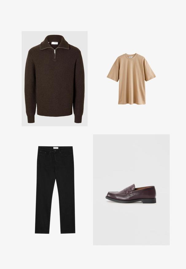 Selected Homme HALF-ZIP - Svetr - chocolate torte; Beige tričko s krátkým rukávem vyrobené z bavlny, kulatým výstřihem a uvolněným střihem, s hladkým povrchem a bez vzorů či akcentů.; Černé rovné džíny s pěti kapsami, zapínání na knoflík a zip, a štítek značky Pier One na pase.; Burgundské kožené mokasíny s kulatou špičkou, jemným šitým detailem a nízkou černou podrážkou. Klasický design s minimálními ozdobami.