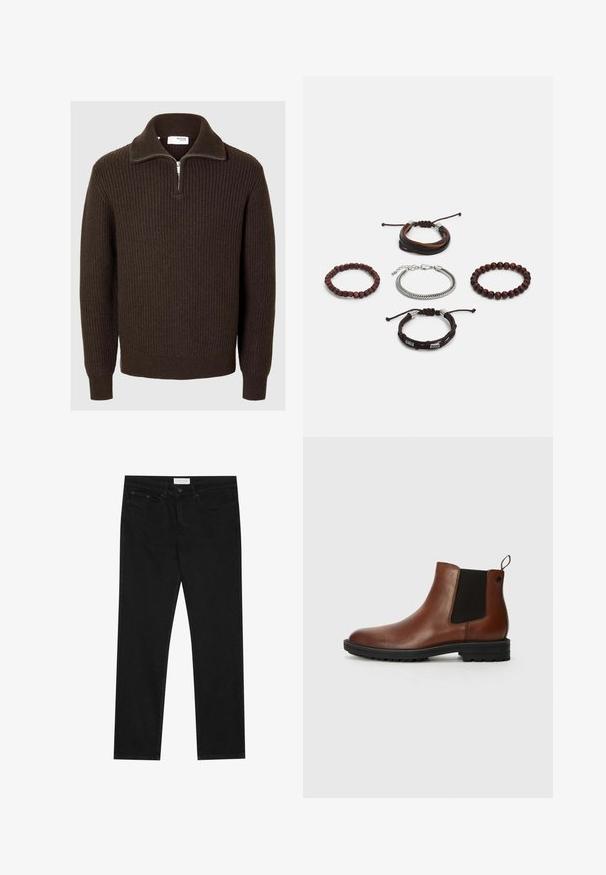 Selected Homme HALF-ZIP - Džemperis - chocolate torte; Juodos tiesios kojų džinsai su penkių kišenių dizainu, mygtuko ir užtrauktuko uždarymu bei "Pier One" prekės ženklo etikete ant juosmens.; Jack & Jones JFWHOSKINS - Klasikiniai aulinukai - cognac; Penkių apyrankių rinkinys, sudarytas iš rudos odos, medinių karoliukų ir sidabrinės grandinėlės; skirtingi tekstūros ir formos, su reguliuojamais uždarymais.