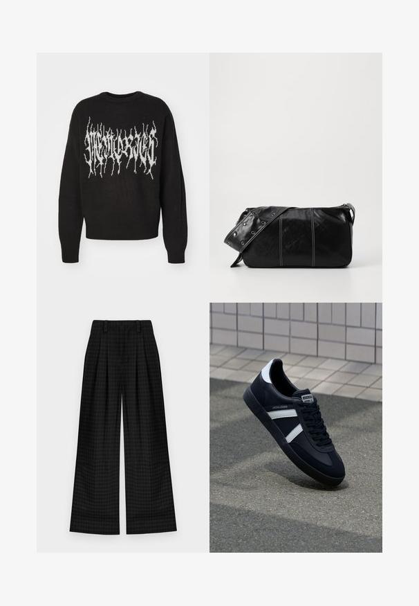Un pull noir en tricot avec un design graphique blanc à bords effilés sur la poitrine. Col rond et poignets côtelés.; T-shirt en coton crème à manches courtes et col rond. Présente un imprimé graphique en bleu et rouge avec du texte et un motif.; Pantalons larges à carreaux noirs avec plis, présentant une texture lisse et un design classique. Tissu léger pour plus de confort.; Sneaker en cuir noir avec des rayures blanches, semelle en caoutchouc texturée et devant à lacets. Présente une étiquette de marque sur la languette.; Sac à épaule en cuir noir avec une fermeture éclair, doté d'un corps texturé, de coutures blanches et d'une sangle avec des œillets en argent.