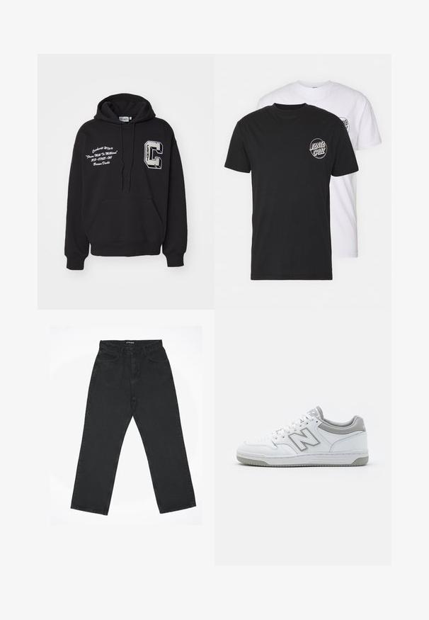 Felpa nera in cotone. Presenta una tasca frontale, cappuccio con cordini e un logo ricamato "CRHT C" sul petto con dettagli testuali bianchi.; Confezione di due t-shirt: una nera e una bianca. Entrambe hanno maniche corte e un logo circolare sul petto in un colore a contrasto. Materiale in cotone.; Jeans neri a vita alta dritti con tasche anteriori e chiusura a bottone, distesi su uno sfondo bianco.; Sneaker in pelle bianca con accenti grigi, con punta forata, lacci piatti e suola a motivo. Logo New Balance sul lato.
