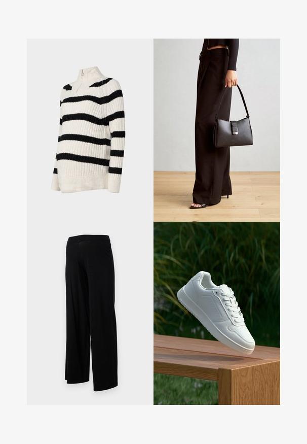 Pasma pulover z visokim ovratnikom, izdelan iz pletenine v kremni barvi z črnimi vodoravnimi črtami, rebrasto teksturo in zadrgo na pol.; Črne široke hlače z elastičnim pasom in gladko, raztegljivo teksturo. Imajo preprost dizajn, brez vzorcev ali okraskov.; Bela teniska s gladkim sintetičnim zgornjim delom, perforiranim prednjim delom, ravnimi vezalkami in teksturiranim podplatom, prikazana na leseni površini.; Črna torbica z strukturirano obliko, gladko teksturo in kovinskim zaponko. Ujemajo se z širokimi črnimi hlačami in odprtimi sandali na lesenem tleh.