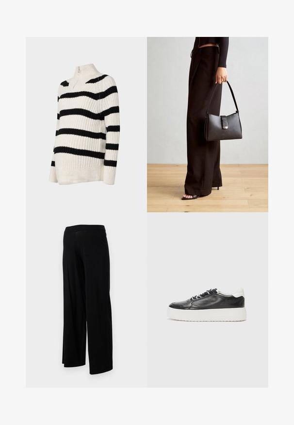 Gestreifter Pullover mit hohem Kragen, aus gestricktem Stoff in Creme mit schwarzen horizontalen Streifen, gerippter Textur und einem halben Reißverschluss.; Schwarze weit geschnittene Hosen mit elastischem Bund und einer glatten, dehnbaren Textur. Einfaches Design, ohne Muster oder Verzierungen.; Kennel + Schmenger BANG - Sneaker low - schwarz/bianco; Schwarze Handtasche mit strukturierter Form, glatter Textur und einem metallischen Verschluss. Kombiniert mit weiten schwarzen Hosen und offenen Sandalen auf einem Holzboden.