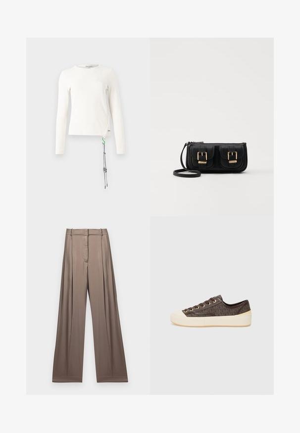 Long-sleeve white ribbed top with a round neckline, featuring a green and black accent cord detail on the side for adjustment.; Wide-leg trousers in a muted taupe color, made of smooth fabric with a satin finish. Features a tailored waistband and subtle pleats.; Brown patterned canvas sneakers with gold eyelets, lace closure, and a white rubber toe cap and sole. Featuring a textured finish.; Black leather crossbody bag with two front pockets, gold buckles, zipper closure, and a slim strap. Textured surface and compact rectangular shape.