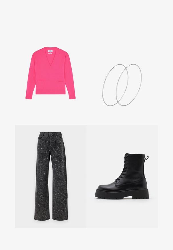Pull à col en V fuchsia, fabriqué en matériau doux, avec deux poches avant et des poignets et ourlets côtelés. Design simple et moderne.; Noisy May NMJANNEL LOOSE - Jean boyfriend - black denim; Bottines en cuir noir avec un bout rond, un laçage à l'avant et une épaisse semelle en caoutchouc dotée d'un motif texturé. Tirer au dos.; Boucles d'oreilles en argent au design minimaliste. Forme circulaire, texture lisse et profil fin. Légères avec une finition polie.