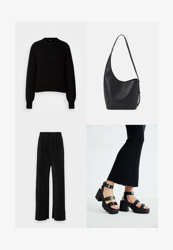 Pull en tricot noir avec un col rond et des manches longues légèrement amples. Poignets et ourlet côtelés. Texture douce, coupe boxy.; Pantalons plissés noirs avec une taille élastique. Présente des jambes larges et un tissu lisse texturé avec des rayures verticales.; Sandales à plateforme noires avec semelles épaisses et crantées, dotées de plusieurs sangles, présentant des boucles en métal et une texture lisse semblable au cuir.; Sac hobo en cuir noir avec une texture lisse, une forme incurvée et une seule sangle réglable ; dispose d'une large ouverture en haut.
