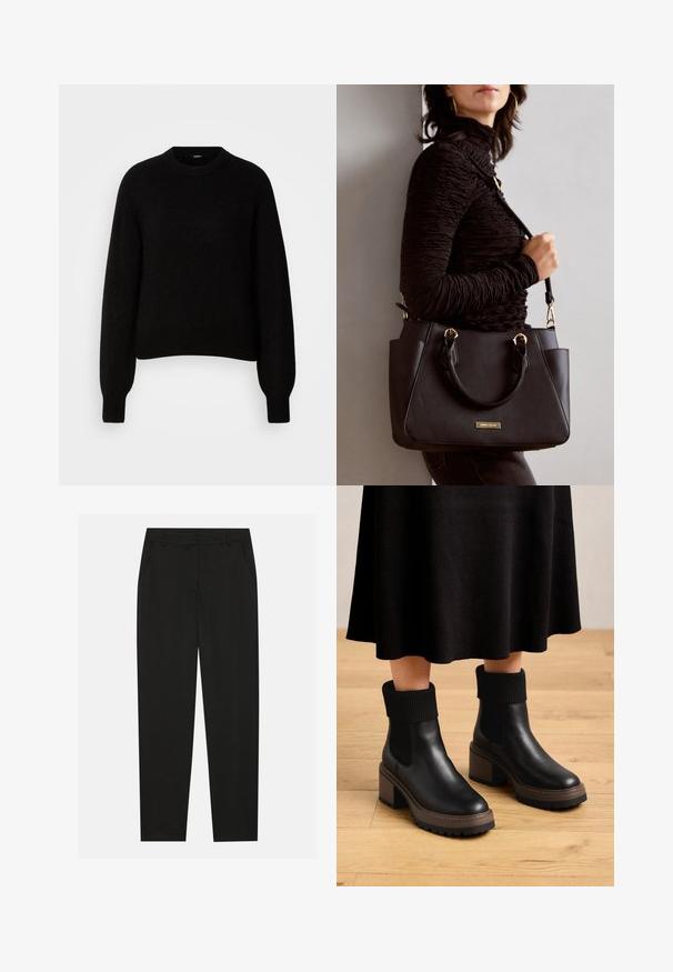 Pull en tricot noir avec un col rond et des manches longues légèrement amples. Poignets et ourlet côtelés. Texture douce, coupe boxy.; Pantalon noir au design ajusté, doté de poches latérales et d'une jambe droite. Fabriqué en tissu lisse et léger avec une finition élégante.; Bottines en cuir noir avec des poignets en tissu côtelé, talon large marron et semelle texturée. Fini lisse avec des panneaux latéraux élastiques.; Sac à main noir avec surface texturée, deux poignées supérieures et bandoulière réglable. Doté de quincaillerie dorée et de poches latérales.